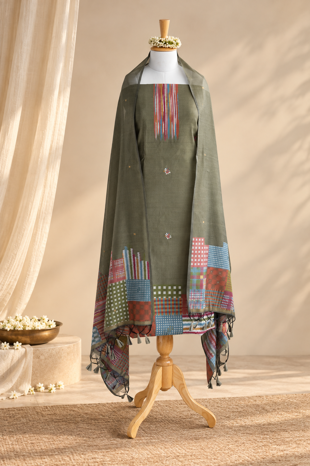 PISTA POP – Olive Green Pure Chanderi Unstitched Suit Set