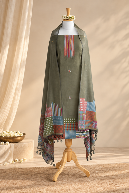 PISTA POP – Olive Green Pure Chanderi Unstitched Suit Set
