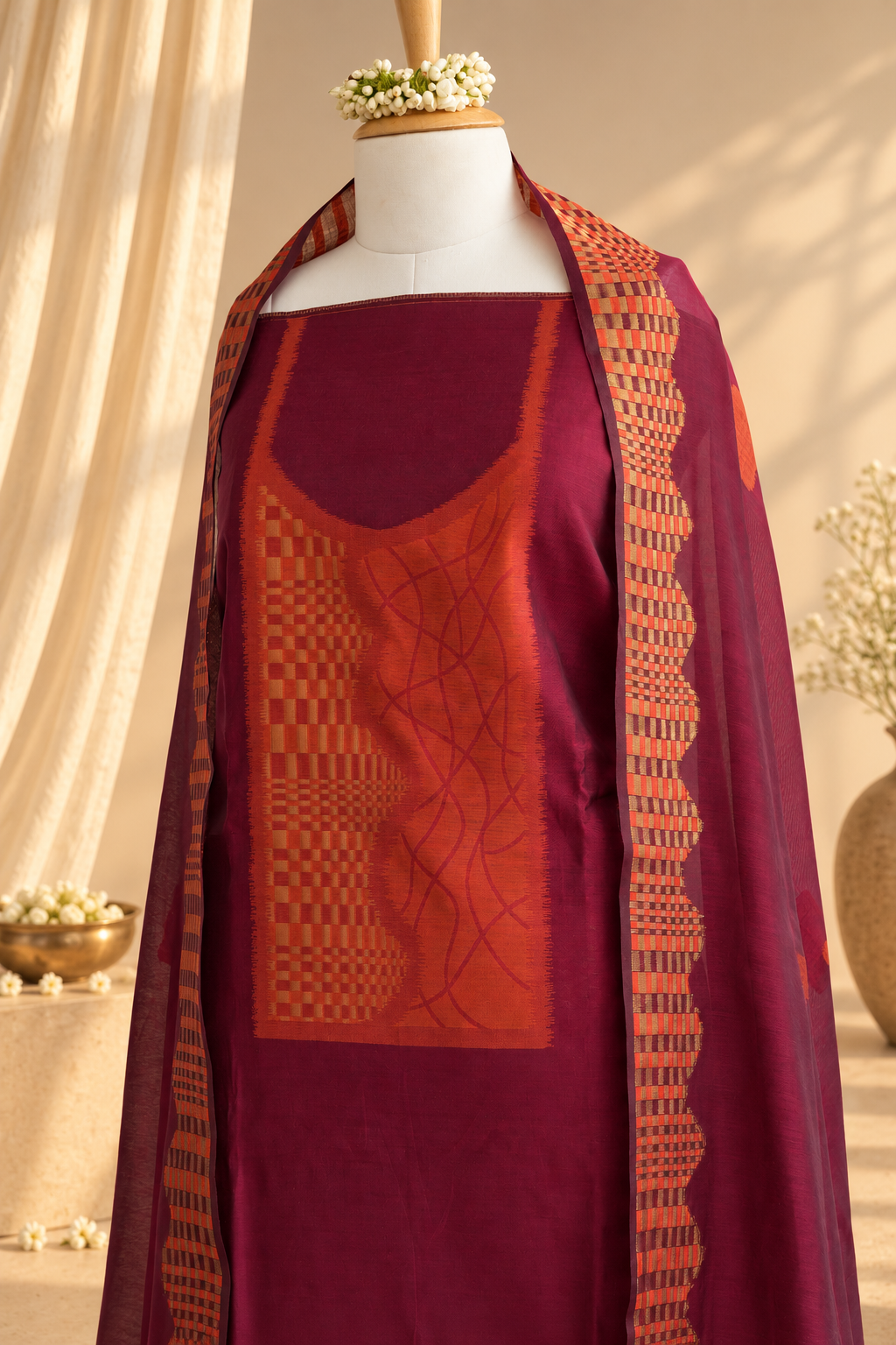SHAGUN- Pure Chanderi Red and Orange Unstithced Suit Set