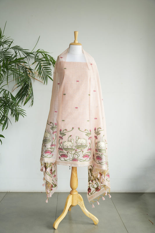 GULABI LEELA  - Pure Chanderi Slub Pichwai Unstitched Suit Set
