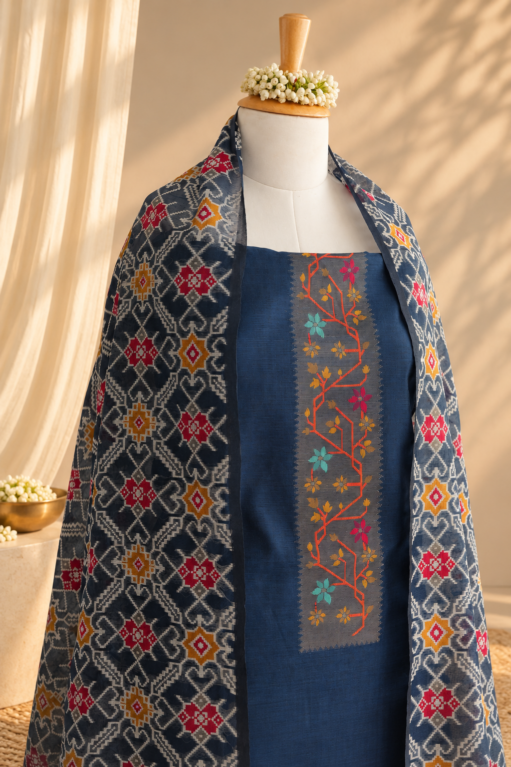 DESI DORI - Pure Chanderi Blue Patola Unstithced Suit Set