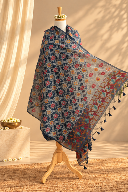 DESI DORI - Pure Chanderi Blue Patola Unstithced Suit Set