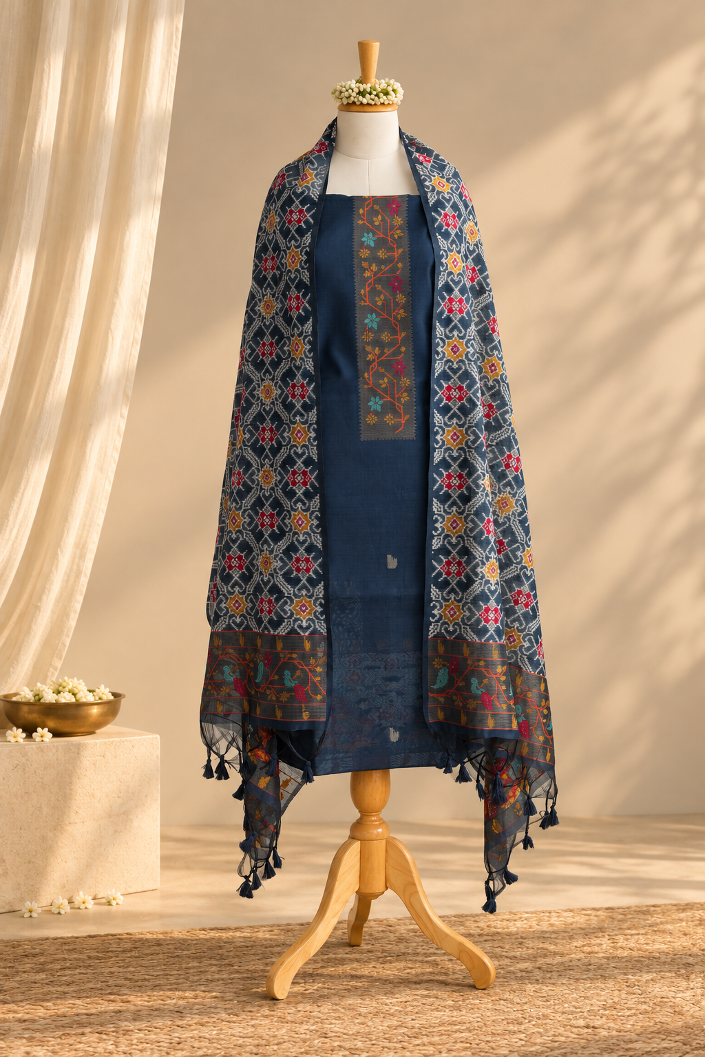 DESI DORI - Pure Chanderi Blue Patola Unstithced Suit Set