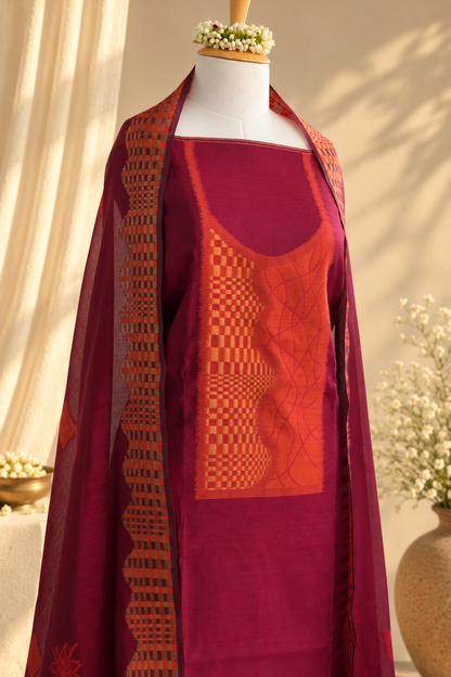 SHAGUN- Pure Chanderi Red and Orange Unstithced Suit Set
