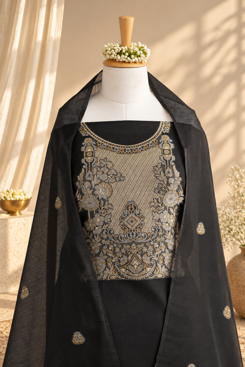 JASHN – Black Banarasi Silk Unstitched Suit Set