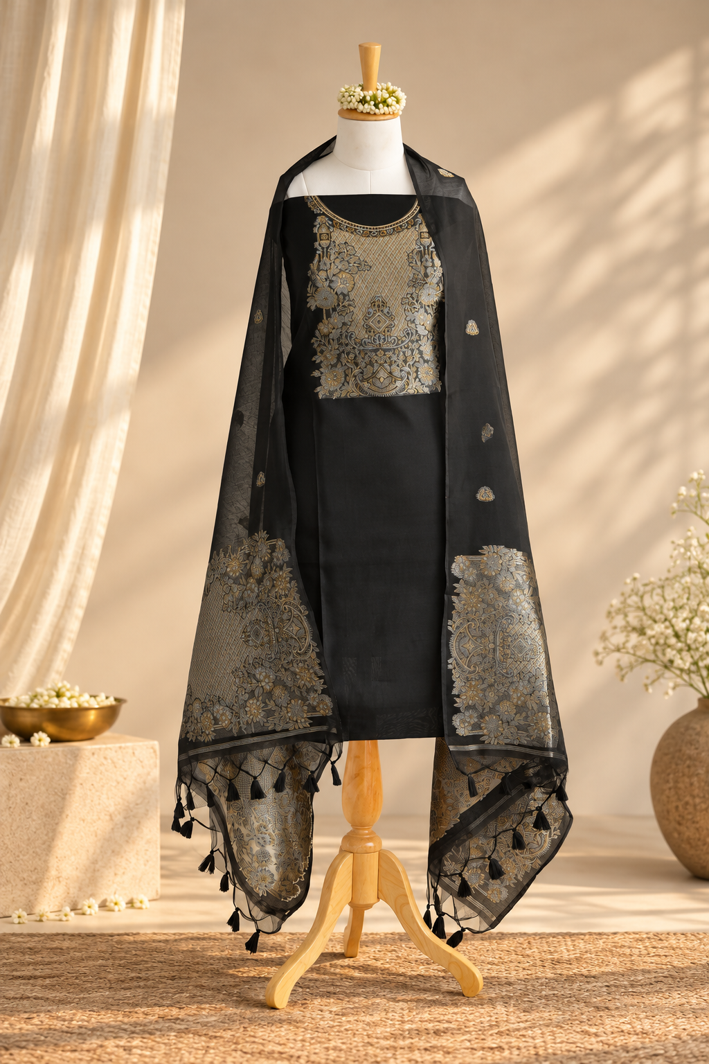 JASHN – Black Banarasi Silk Unstitched Suit Set
