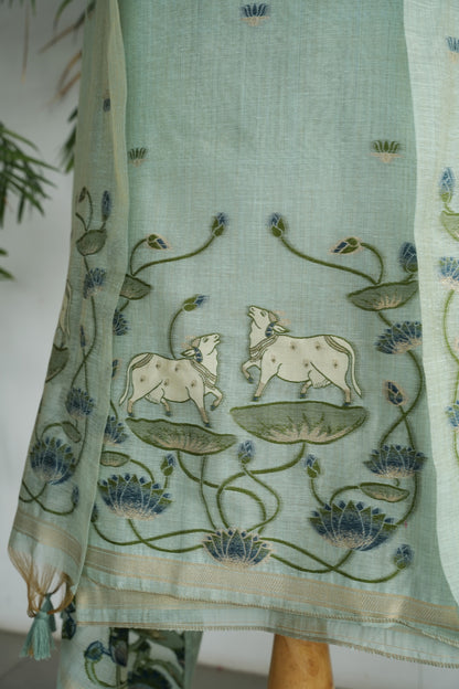 AQUA LEELA  - Pure Chanderi Slub Pichwai Unstitched Suit Set