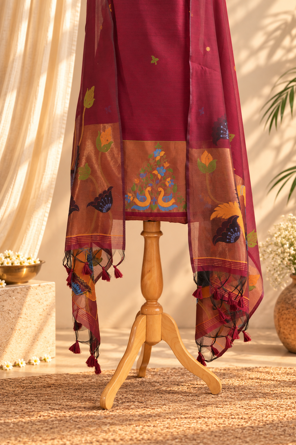 MASTAANI – Wine Red & Burnt Orange Pure Chanderi Unstitched Suit Set