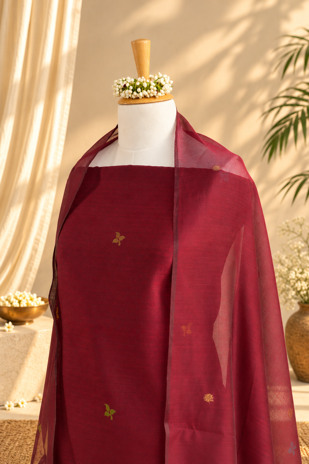 MASTAANI – Wine Red & Burnt Orange Pure Chanderi Unstitched Suit Set