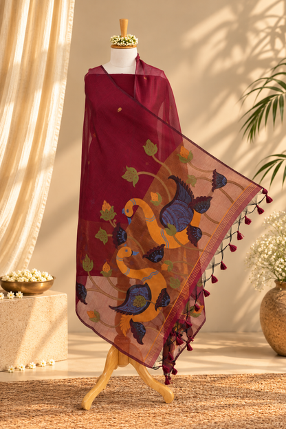MASTAANI – Wine Red & Burnt Orange Pure Chanderi Unstitched Suit Set