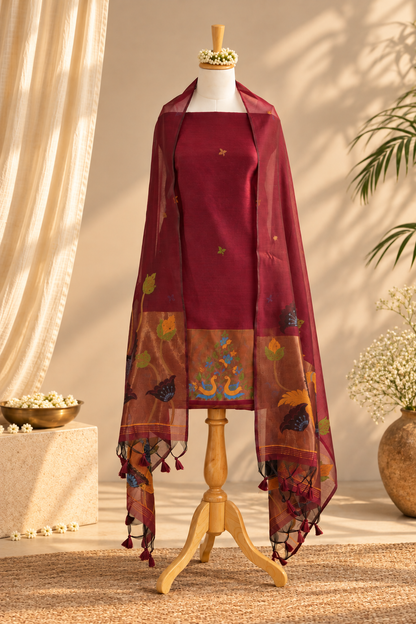 MASTAANI – Wine Red & Burnt Orange Pure Chanderi Unstitched Suit Set