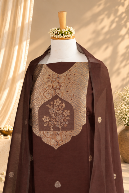 CHASHNI – Chocolate Brown & Antique Gold Pure Chanderi Unstitched Suit Set