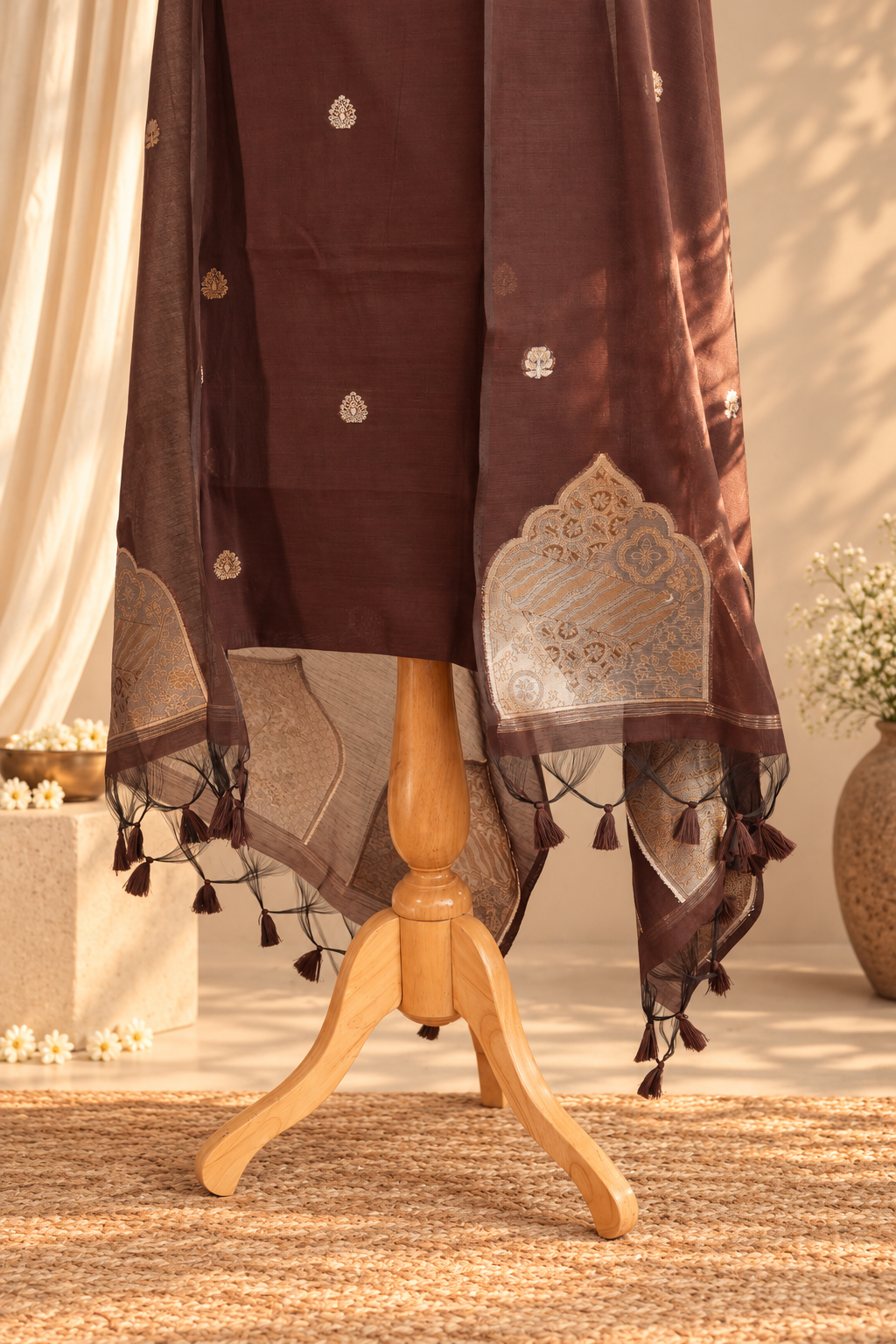 CHASHNI – Chocolate Brown & Antique Gold Pure Chanderi Unstitched Suit Set