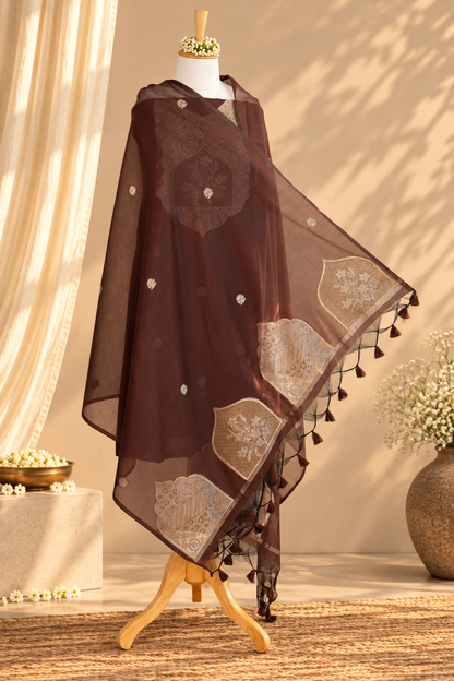 CHASHNI – Chocolate Brown & Antique Gold Pure Chanderi Unstitched Suit Set