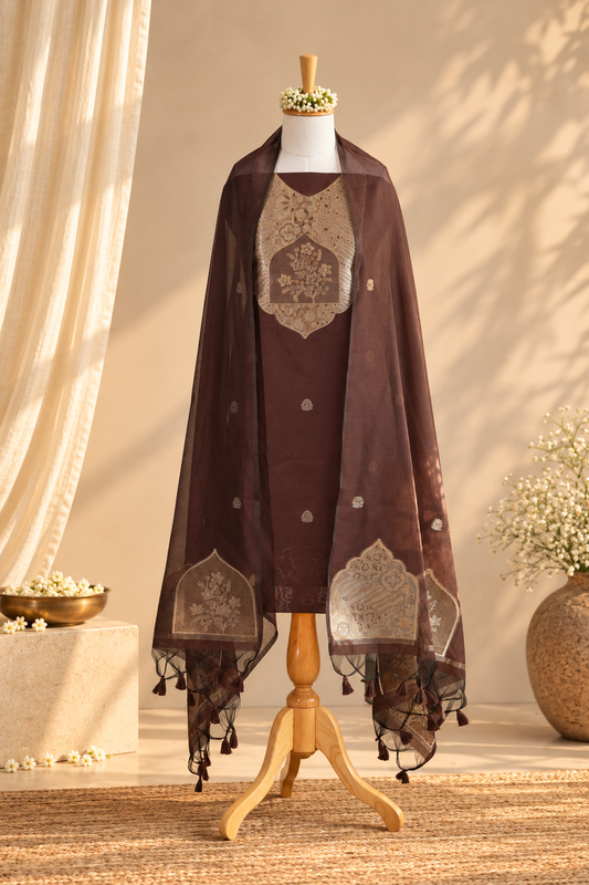 CHASHNI – Chocolate Brown & Antique Gold Pure Chanderi Unstitched Suit Set