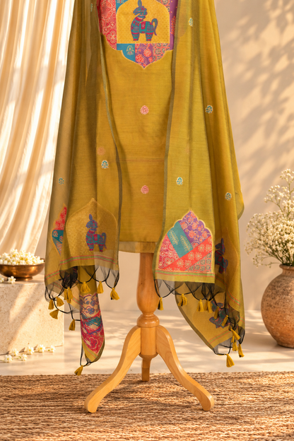 SUNHERI – Mustard Yellow Pure Chanderi Unstitched Suit Set