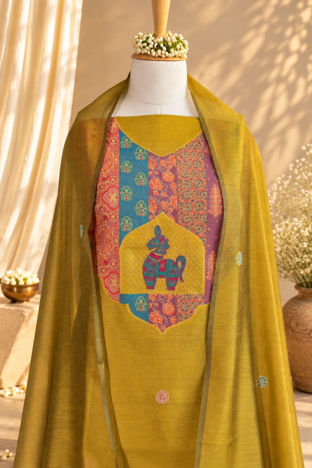 SUNHERI – Mustard Yellow Pure Chanderi Unstitched Suit Set