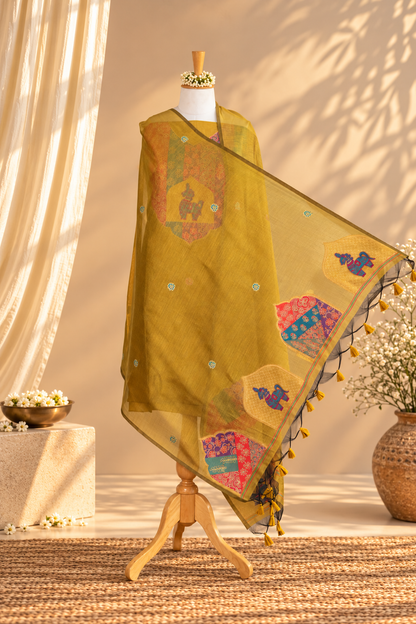 SUNHERI – Mustard Yellow Pure Chanderi Unstitched Suit Set