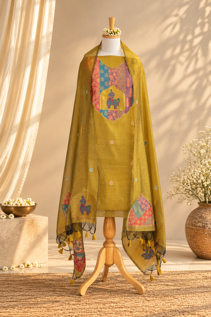 SUNHERI – Mustard Yellow Pure Chanderi Unstitched Suit Set