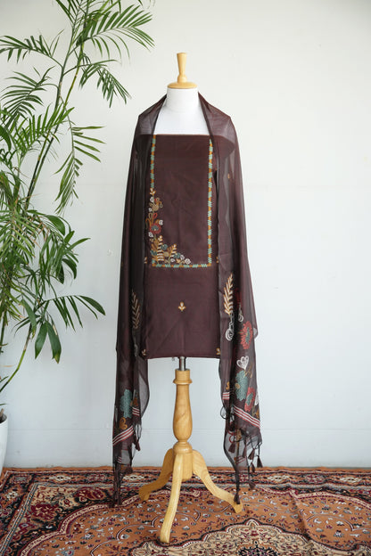 MOCHA MUSE- Pure Mul Chanderi Chocolate Brown Floral Unstiched Suit Set