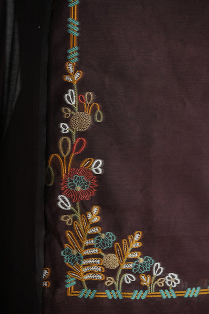 MOCHA MUSE- Pure Mul Chanderi Chocolate Brown Floral Unstiched Suit Set