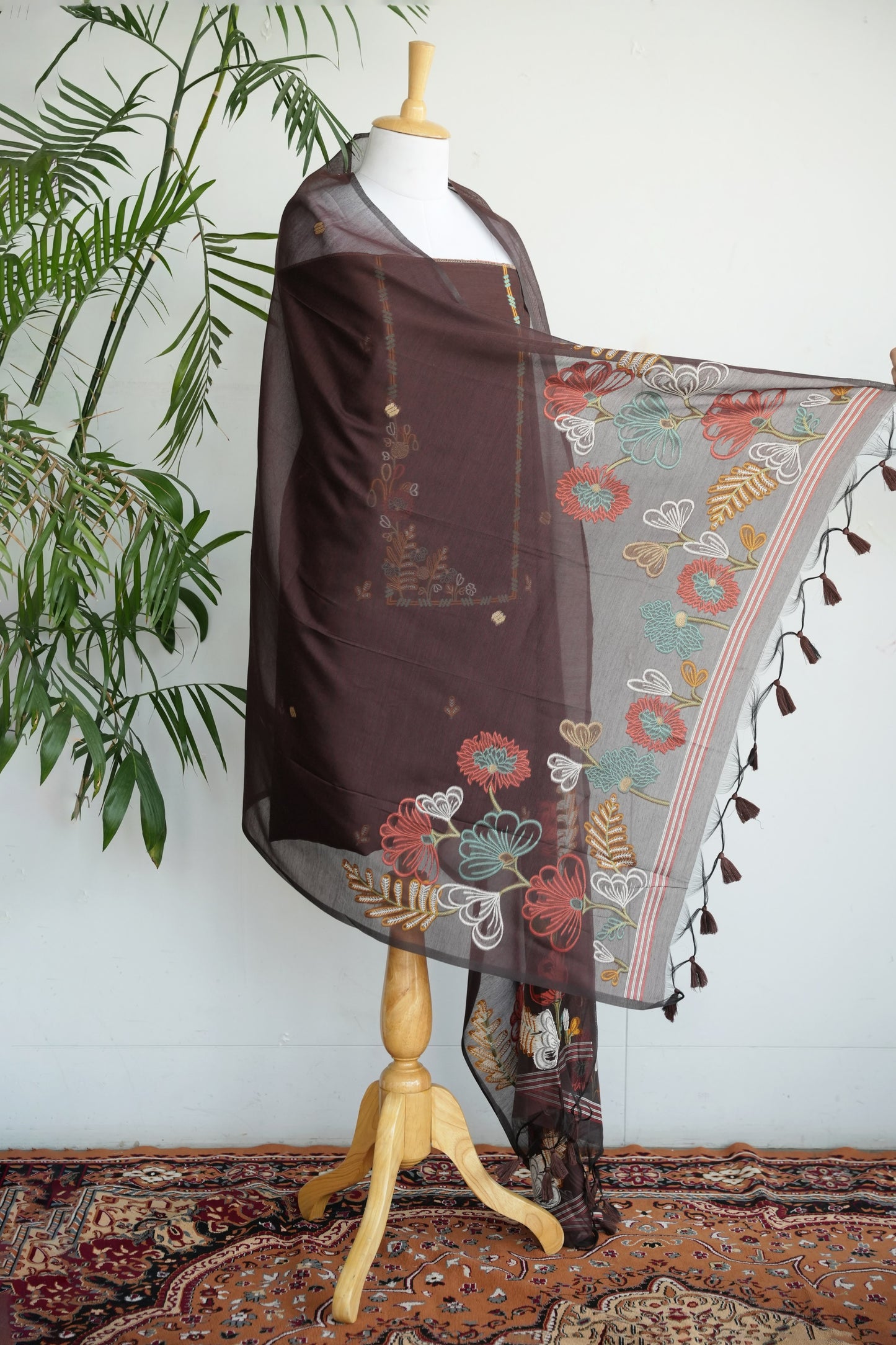 MOCHA MUSE- Pure Mul Chanderi Chocolate Brown Floral Unstiched Suit Set