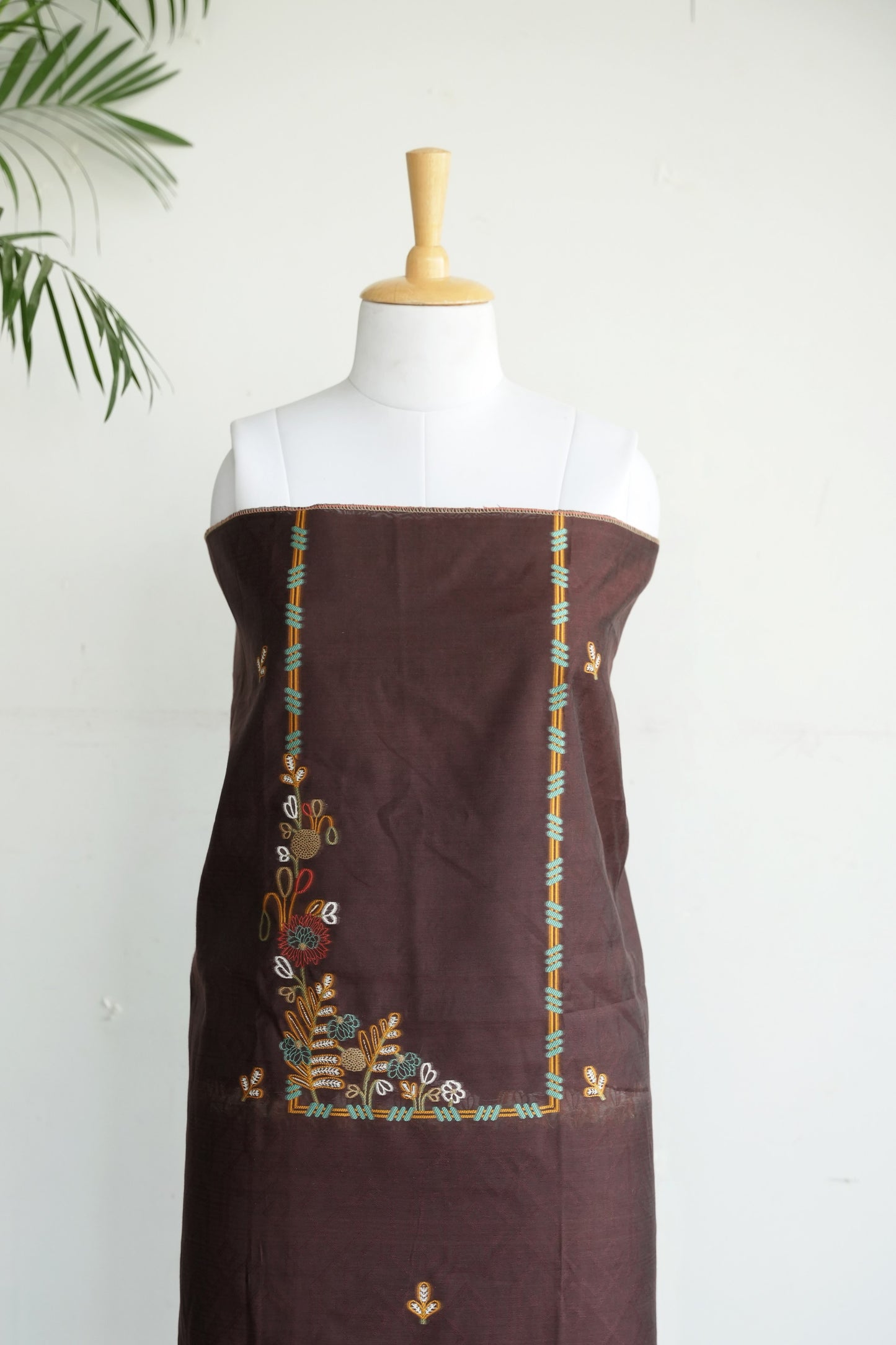 MOCHA MUSE- Pure Mul Chanderi Chocolate Brown Floral Unstiched Suit Set