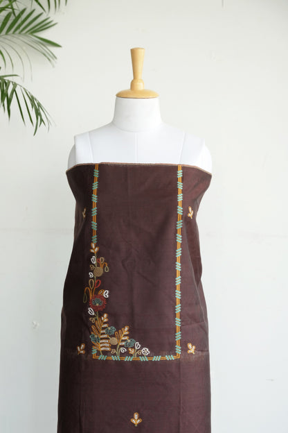 MOCHA MUSE- Pure Mul Chanderi Chocolate Brown Floral Unstiched Suit Set