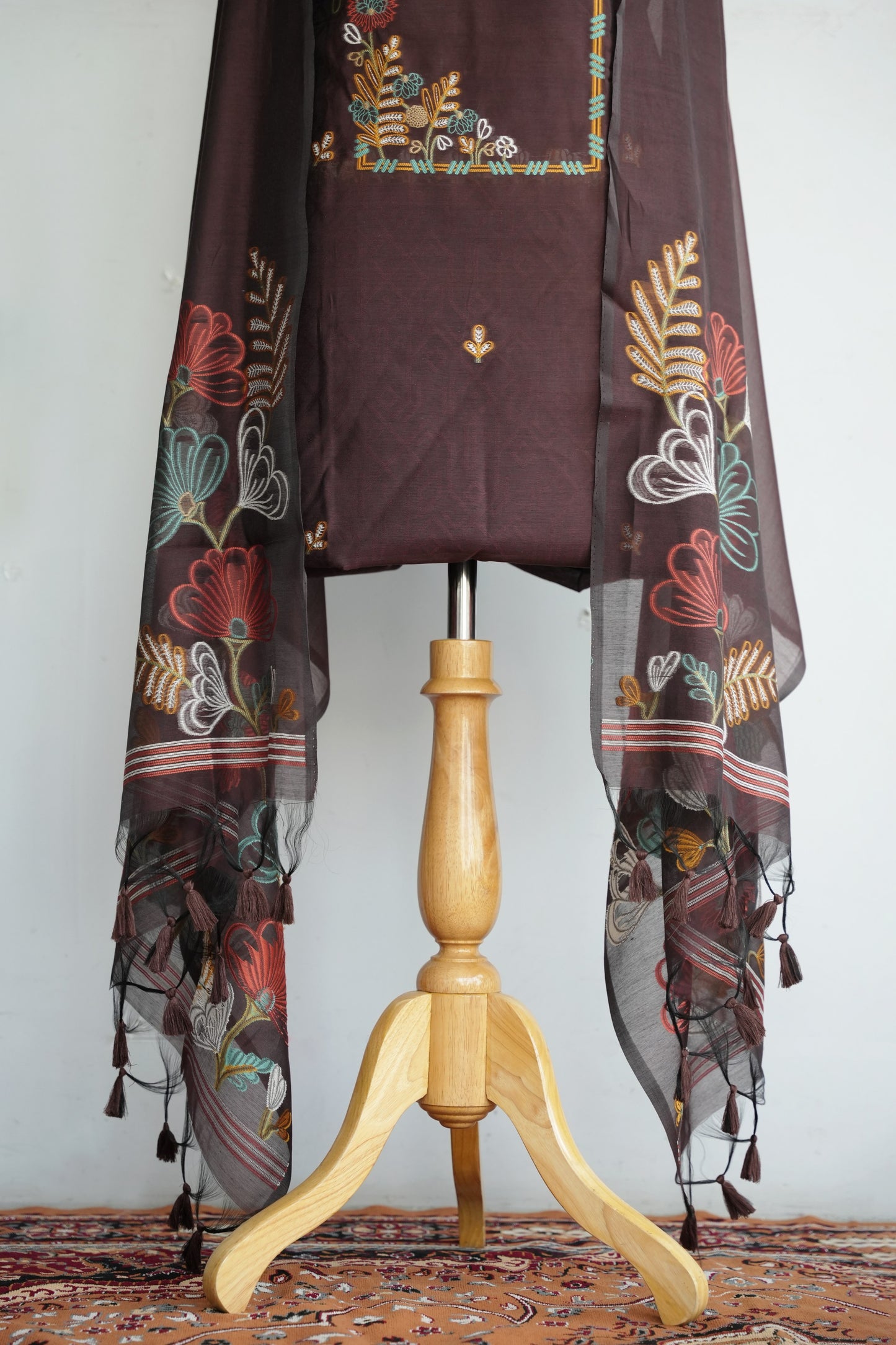 MOCHA MUSE- Pure Mul Chanderi Chocolate Brown Floral Unstiched Suit Set
