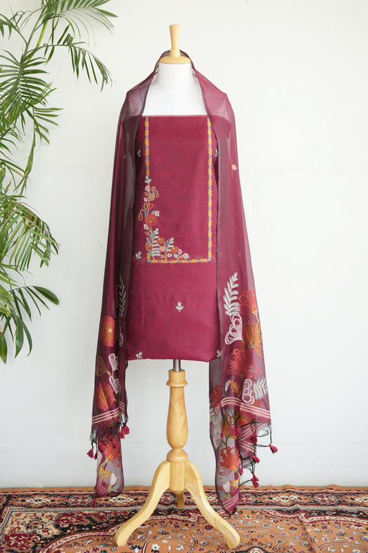 BURGUNDY BLOOM- Pure Mul Chanderi Burgundy Floral Unstiched Suit Set