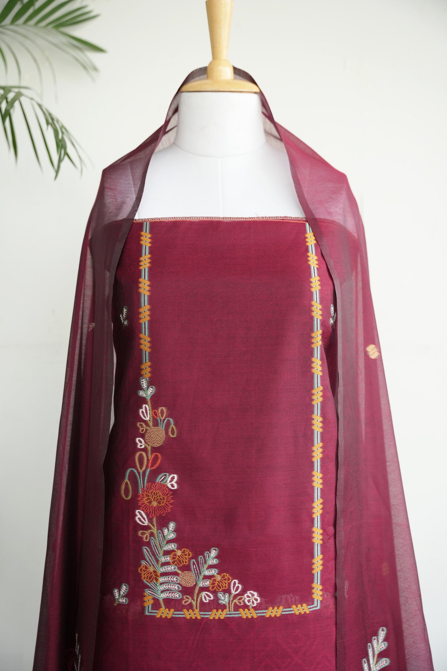 BURGUNDY BLOOM- Pure Mul Chanderi Burgundy Floral Unstiched Suit Set