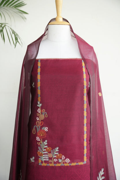 BURGUNDY BLOOM- Pure Mul Chanderi Burgundy Floral Unstiched Suit Set