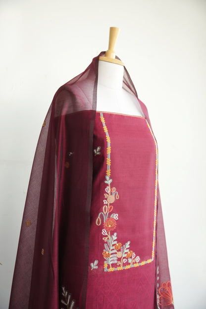 BURGUNDY BLOOM- Pure Mul Chanderi Burgundy Floral Unstiched Suit Set