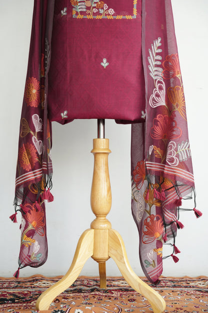 BURGUNDY BLOOM- Pure Mul Chanderi Burgundy Floral Unstiched Suit Set