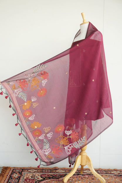 BURGUNDY BLOOM- Pure Mul Chanderi Burgundy Floral Unstiched Suit Set