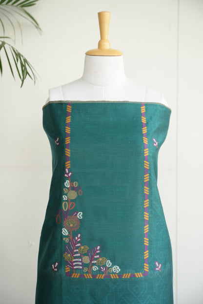 TEAL GARDEN- Pure Mul Chanderi Teal Floral Unstiched Suit Set