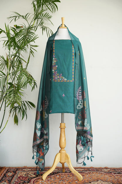 TEAL GARDEN- Pure Mul Chanderi Teal Floral Unstiched Suit Set