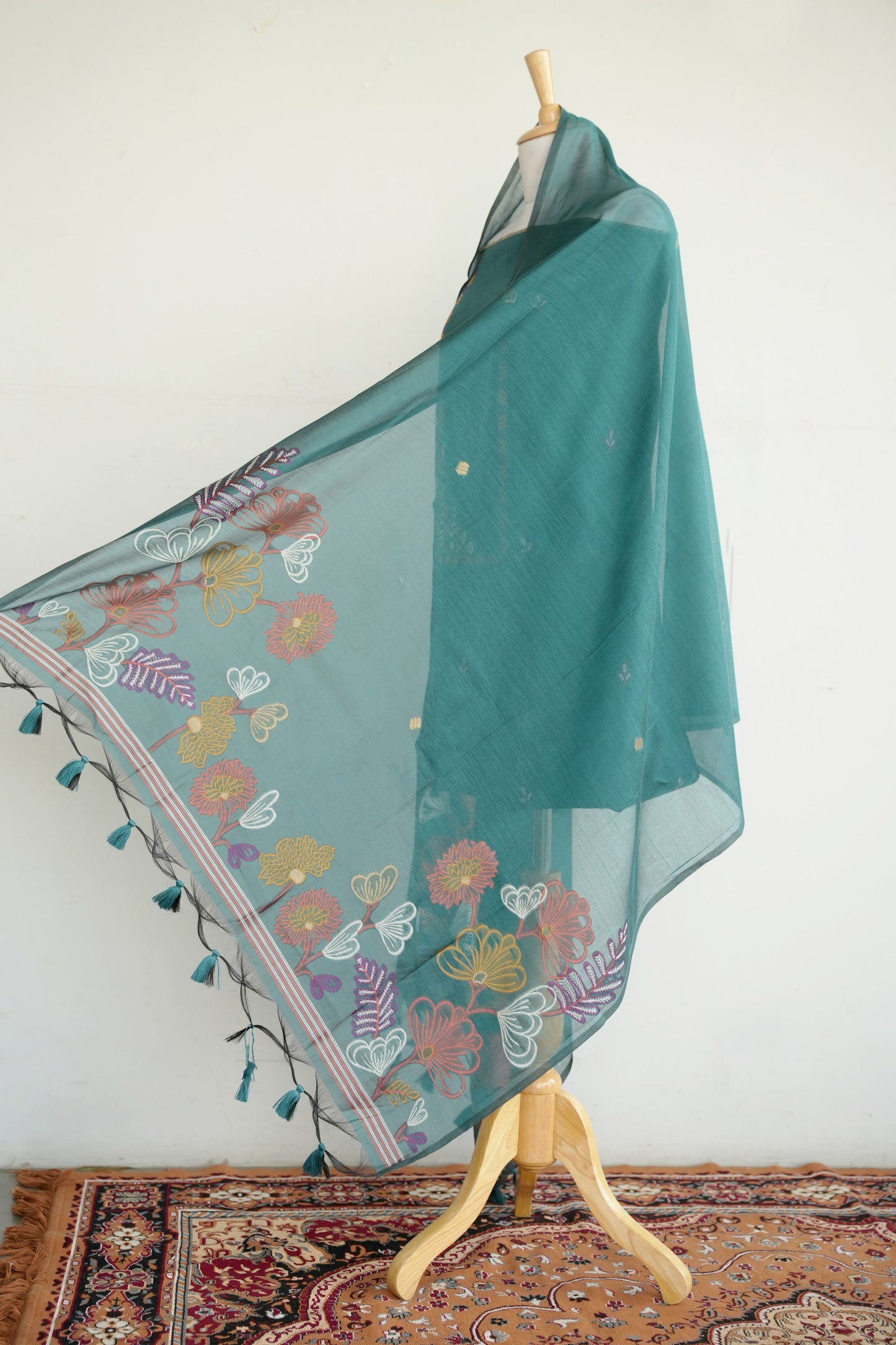 TEAL GARDEN- Pure Mul Chanderi Teal Floral Unstiched Suit Set