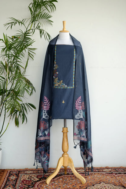 BLUE BLOOM- Pure Mul Chanderi Blue Floral Unstiched Suit Set