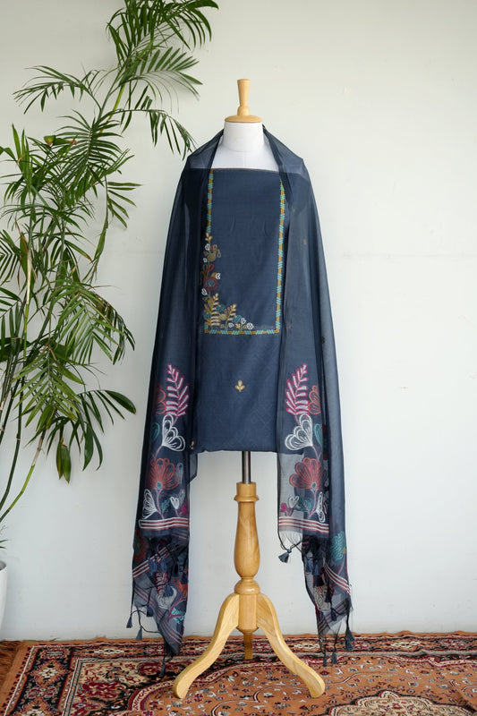 BLUE BLOOM- Pure Mul Chanderi Blue Floral Unstiched Suit Set