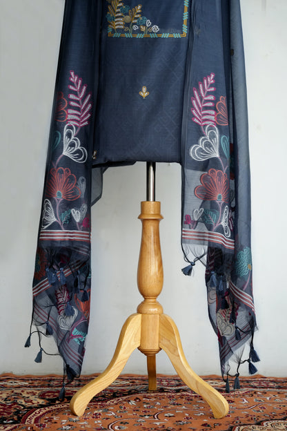 BLUE BLOOM- Pure Mul Chanderi Blue Floral Unstiched Suit Set