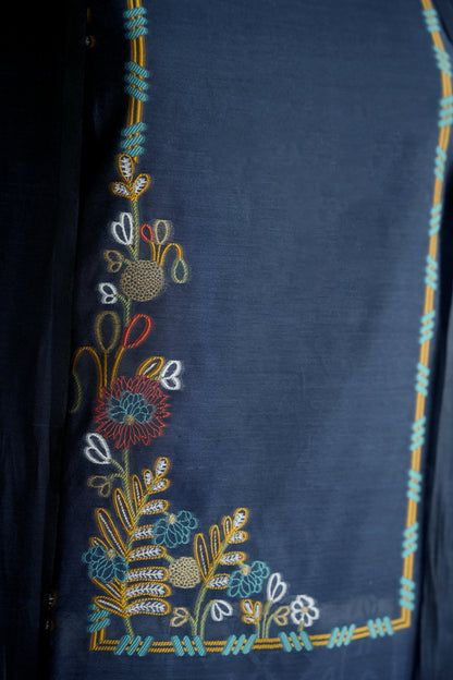 BLUE BLOOM- Pure Mul Chanderi Blue Floral Unstiched Suit Set