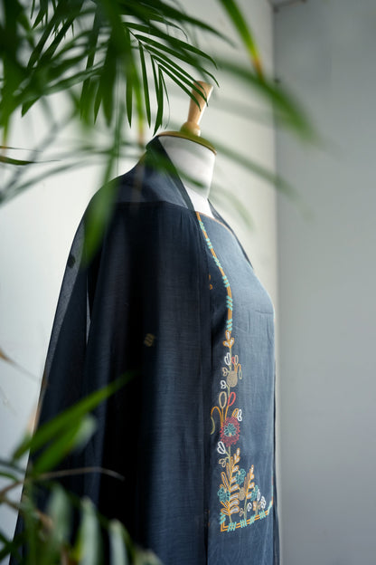 BLUE BLOOM- Pure Mul Chanderi Blue Floral Unstiched Suit Set