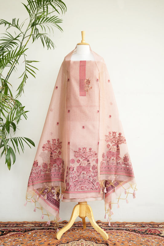 PADMA BLUSH- Pure Chanderi Slub , Blush Pink Unstitched Suit Set