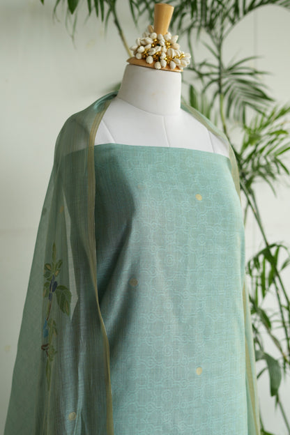 PANCHI - Pure Chanderi Teal Unstitched Suit Set