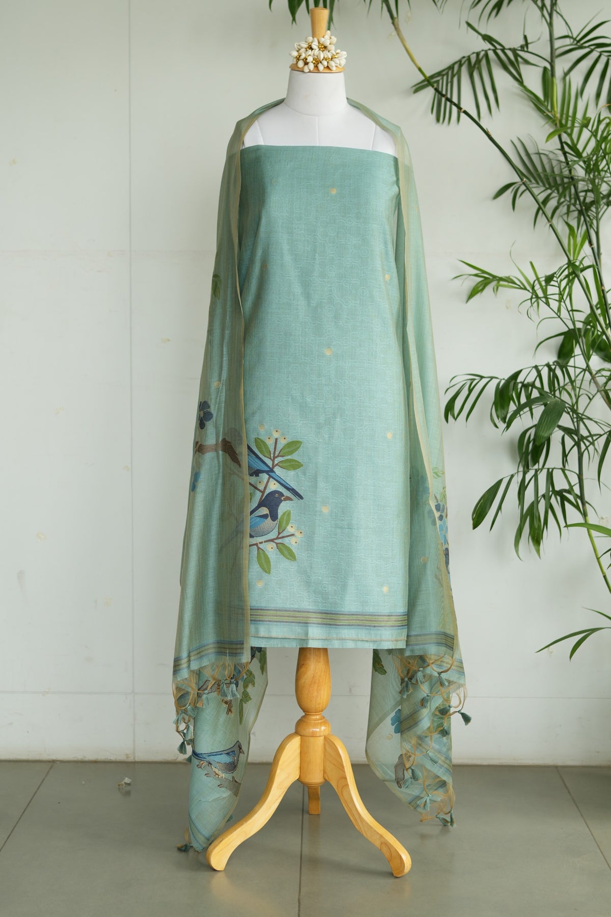 PANCHI - Pure Chanderi Teal Unstitched Suit Set