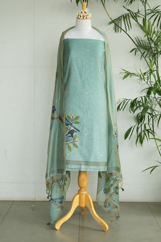 PANCHI - Pure Chanderi Teal Unstitched Suit Set