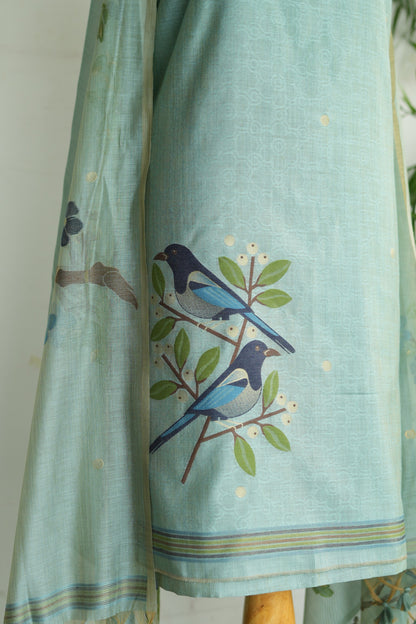 PANCHI - Pure Chanderi Teal Unstitched Suit Set