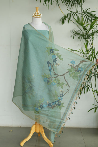 PANCHI - Pure Chanderi Teal Unstitched Suit Set
