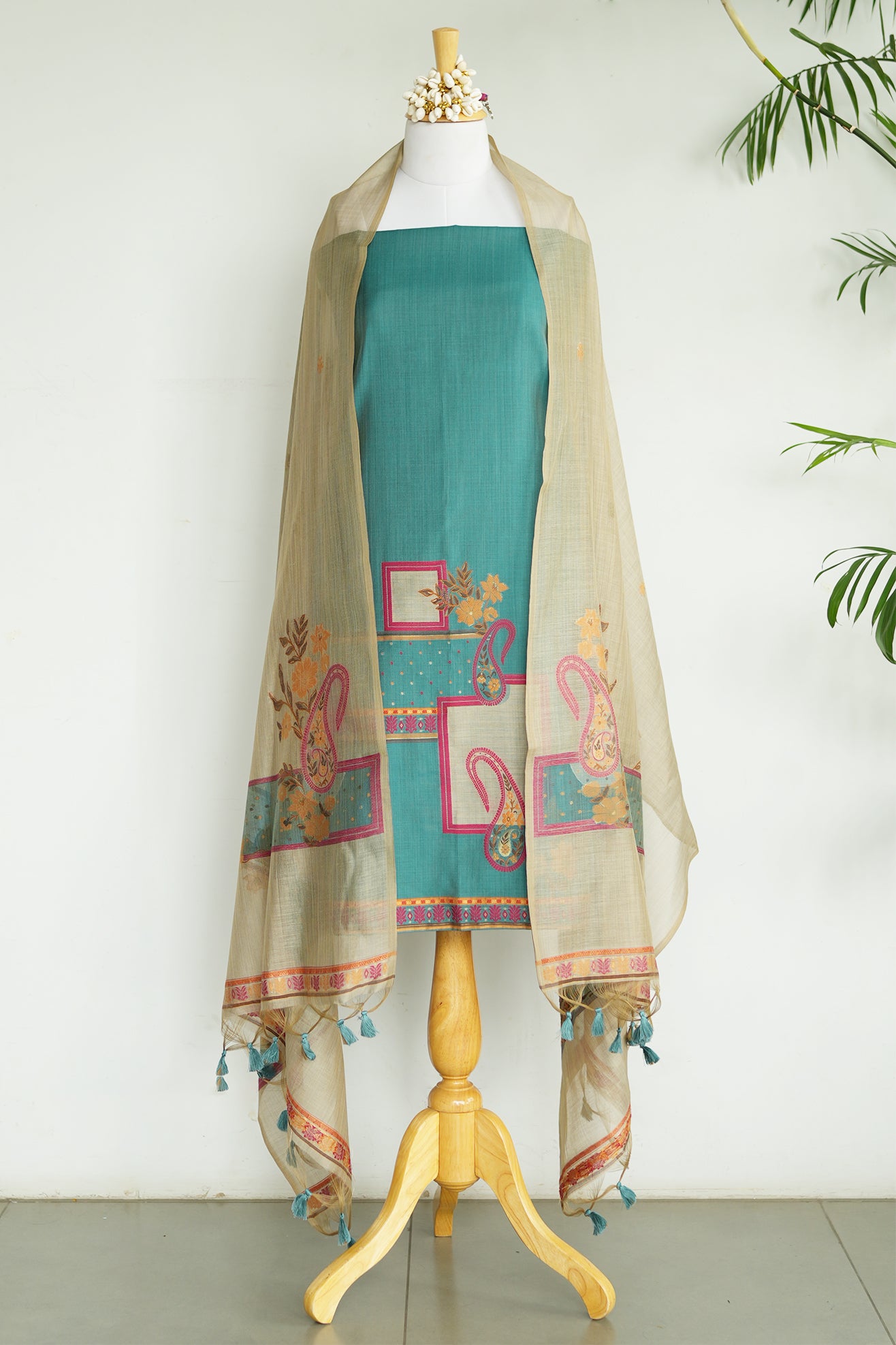 JUGNU – Pure Chanderi Teal Unstitched Suit Set